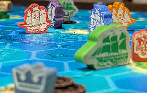 Showing off the starting position of player's ships with a merchant ship in the foreground waiting to be attacked.